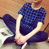 夏季日系男士雪纺格子短袖圆领T恤男学生韩版修身半袖潮男体恤衫