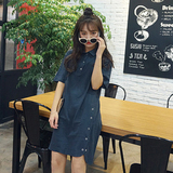 夏季韩国女装宽松休闲Polo领短袖衬衫连衣裙显瘦前短后长学生中裙