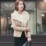 韩国品牌女装正品代购毛绒皮草装饰修身短款羊毛呢外套夹克-3色