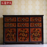 新中式玄关柜复古西藏式老榆木手绘做旧餐边柜装饰门厅柜实木鞋柜
