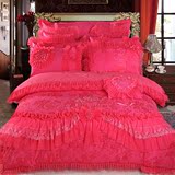 床上四件套家纺婚庆床品纯棉贡缎纯色绣花欧式夹棉床单床盖式包邮
