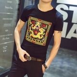 中国风夏季个性刺绣圆领短袖T恤男士韩版衣服半袖体恤修身潮男装