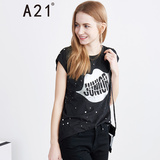 A21女装时尚印花圆领短袖t恤  2016年夏季新品创意字母印花衣服女