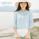 OPT2016夏装新款文艺V领亚麻短袖白色衬衫女职业棉麻衬衣潮R1032