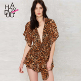 Haoduoyi2016夏装新款 欧美时尚性感深V系带 镂空露背豹纹连体裤