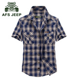 夏季新款AFSJEEP战地吉普短袖衬衫纯棉男士宽松大码格子半袖衫衣
