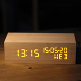 木时尚床头钟静音夜光时钟可调亮度 闹钟创意经典复古质LED电子钟