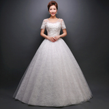 2016春新款韩版双肩欧美长袖一字肩蕾丝齐地婚纱新娘结婚显瘦短袖