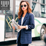 YEP2016秋冬新款韩版修身气质长袖呢料格子休闲短款小西装外套女