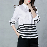 黑白条纹撞色拼接长袖衬衫女装品牌正品2016春装新款直筒翻领衬衣