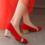 春秋季女士亮片中跟红色结婚鞋金银色单鞋新娘鞋大小码粗跟婚礼鞋