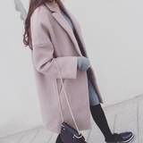 韩版廓型秋冬装女加厚藕粉色宽松中长款茧型妮子羊毛呢子大衣外套