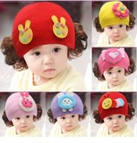 宝宝小女孩儿童婴儿套头假发帽子夏秋季新生儿女童0-3-6岁毛线帽