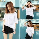 2016夏装新款韩国chic不规则斜领白衬衫女学生休闲百搭短袖上衣潮