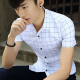 夏季男士短袖衬衫衣服青年韩版时尚潮寸衫修身格子薄纯棉半袖衬衣