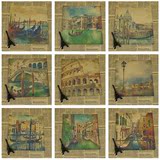 复古世界风景 正方形海报 威尼斯 古罗马斗兽场 酒吧咖啡厅装饰画