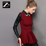 ZK旗舰店2016冬装新款女士钉珠毛衣套头中长款修身毛衣皮袖毛衣裙