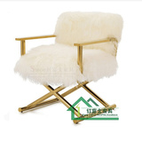 现代金色不锈钢休闲 简约时尚单人沙发椅白色绒毛卧室椅子 贵妃椅