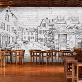 3D立体建筑艺术素黑白描砖壁画客厅餐厅墙纸咖啡厅休闲吧壁纸墙布