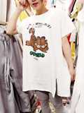 16韩国春新款字母卡通加菲猫印花宽松中长款侧开叉加厚短袖T恤女