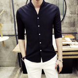 夏季男士短袖衬衫韩版修身纯色七分袖衬衣青年发型师白寸衫衣服潮