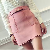 2015韩国秋冬新款高腰配腰带镂空花边粉色毛呢包臀半身裙女短裙