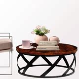 美式复古圆形铁艺实木茶几创意沙发桌简约做旧咖啡桌餐桌功夫茶桌