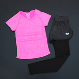 女子跑步运动健身瑜伽服套装紧身跳操速干短袖T恤上衣假两件长裤