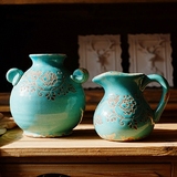地中海美式乡村蓝色双耳花瓶花器复古做旧客厅摆件陶瓷花艺奶壶