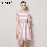 Tinee 2016夏季新品女装粉白条纹蕾丝连衣裙 夏天高腰喇叭袖A字裙