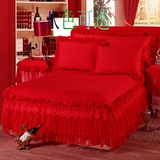 婚庆蕾丝床裙大红色全棉韩版床罩加厚床笠全棉白色床单床垫套包邮
