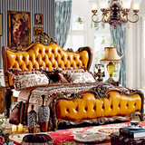 美式全实木真皮太子床 奢华欧式雕花床深色 高端别墅 双人大婚床
