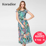 Koradior/珂莱蒂尔正品夏季韩版修身短袖网纱时尚印花连衣裙长裙