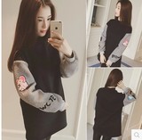 韩国学院风时尚女士卫衣拼接毛毛袖子保暖中长款外套学生加绒上衣