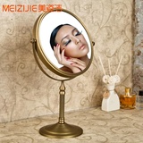 全铜仿古欧式台式立式化妆镜复古美容镜可旋转双面三倍放大浴室镜