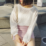 2016秋装新款韩国气质镂空蕾丝长袖罩衫百搭宽松纯色上衣女学生潮
