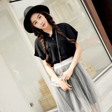 2016夏季新款潮上衣七分圆领韩版女装单件立领开衫宽松短袖雪纺衫