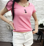 T恤夏季女装新款韩版修身短袖纯色卡通印花猫咪学生打底衫上衣女