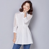 衬衫女韩范 2016夏装新款夏季白色中长款七分袖 收腰打底镂空衬衣