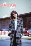 韩国代购2015秋冬过膝超长款格子毛呢外套女宽松加厚粗花呢子大衣