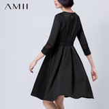 Amii及简2015秋冬新品艾米女装修腰大码网纹拼接A型七分袖连衣裙