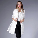 欧美大牌白色双排扣修身女式风衣外套 欧洲站性感蕾丝提花大衣