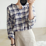 夏季韩国立领格子衬衫女长袖学生中长款学院风格纹棉麻衬衣秋宽松