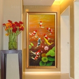 九鱼图玄关风水竖版中欧式走廊玄关过道手绘工油画鲤鱼装饰挂壁画