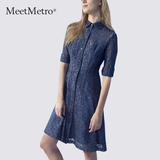 MeetMetro2016夏装新款欧美衬衫领中袖收腰显瘦蕾丝连衣裙女中裙