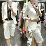 春秋女装新款韩版时尚亚麻七分袖纯色小西装外套五分短裤两件套装