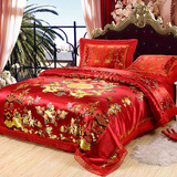 婚庆床品 龙凤百子图四件套 大红色丝绸缎结婚被套家纺床上用品