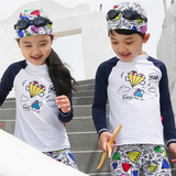 韩国代购新款泳衣时尚甜美可爱中大童长袖分体黑白儿童泳衣戴帽子