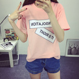 T恤女韩版夏新款卡通女装上衣短袖T恤女尺子印花院风糖果色体恤女