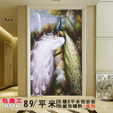 中式立体3d壁画过道玄关走廊餐厅壁纸中国风孔雀开屏无缝无纺布